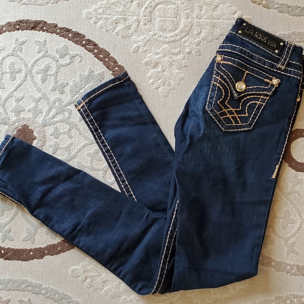 L.A. IDOL SKINNY DARK BLUE WITH GOLD CRYSTALS SZ 3
